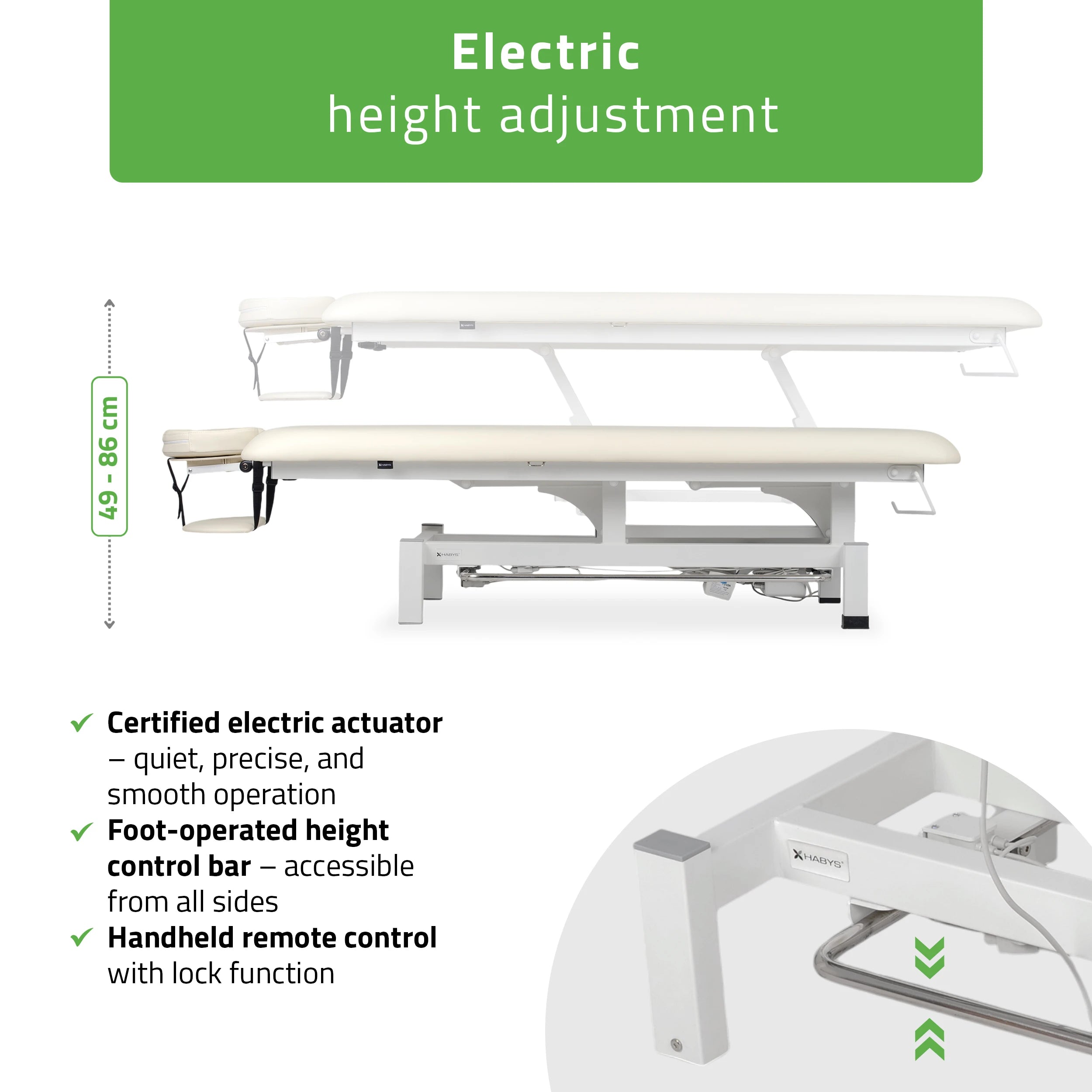 Fortis 1 treatment table, electric adjustment, hand remote control, foot control bar, headrest, arm shelf  k707 ivory