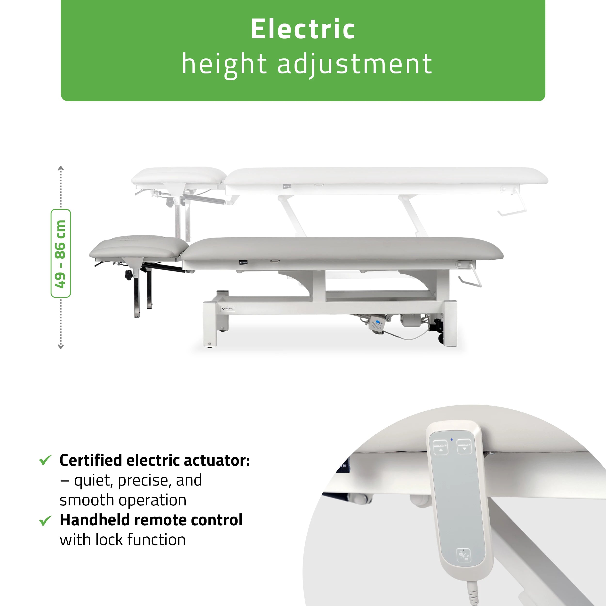 Fortis 4 ERGO treatment table, electric height adjustment with hand remote control, ERGO cushion, k729 light gray