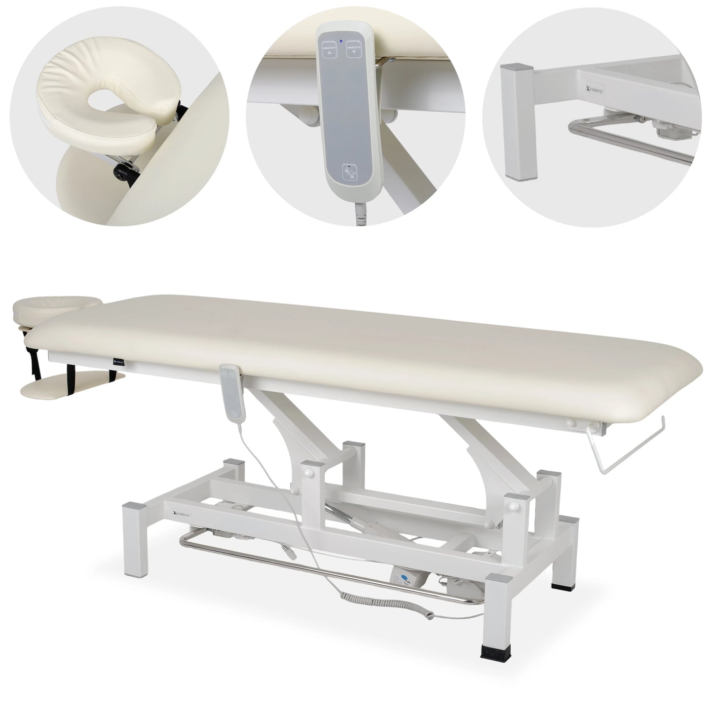 Fortis 1 treatment table, electric adjustment, hand remote control, foot control bar, headrest, arm shelf  k707 ivory
