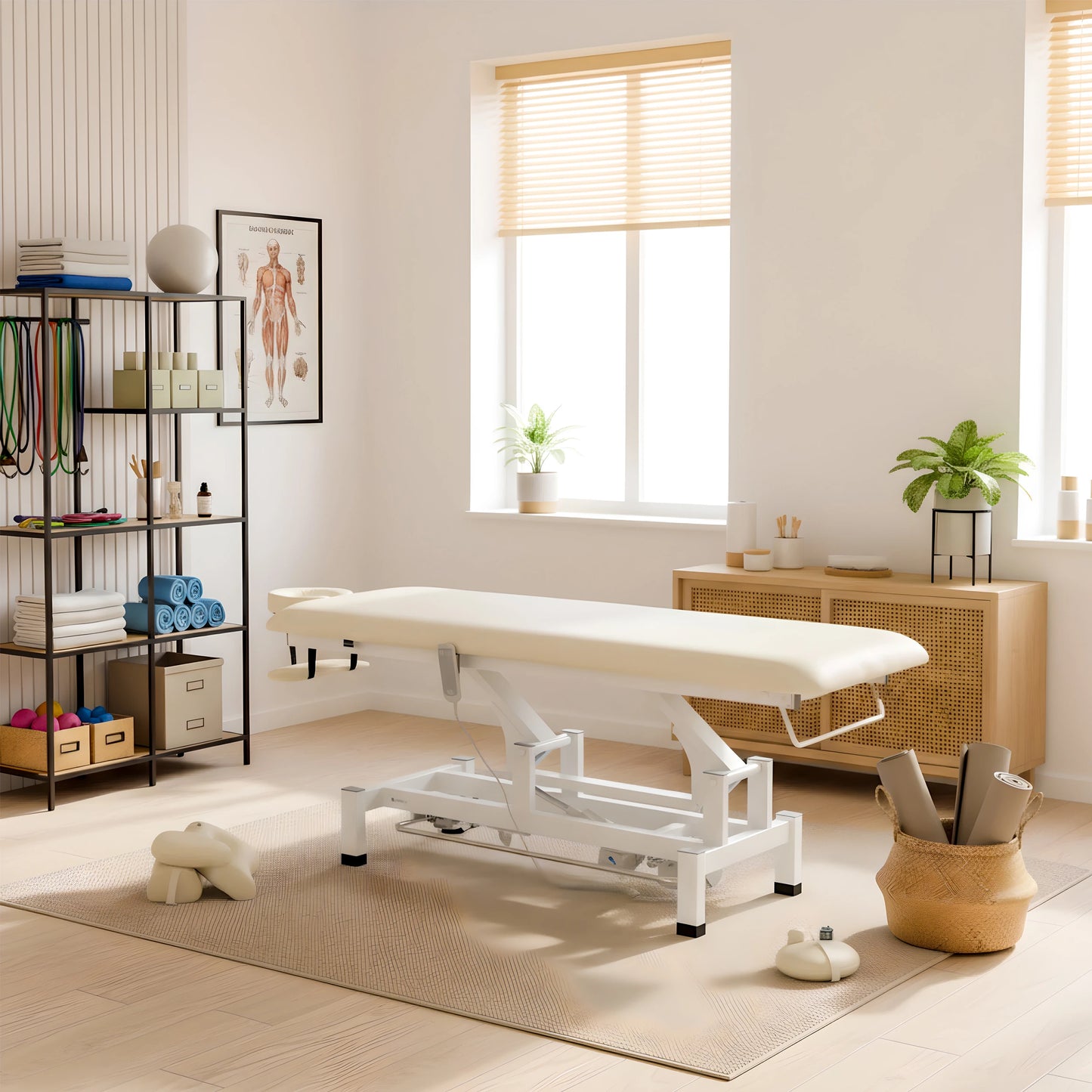 Fortis 1 treatment table, electric adjustment, hand remote control, foot control bar, headrest, arm shelf  k707 ivory